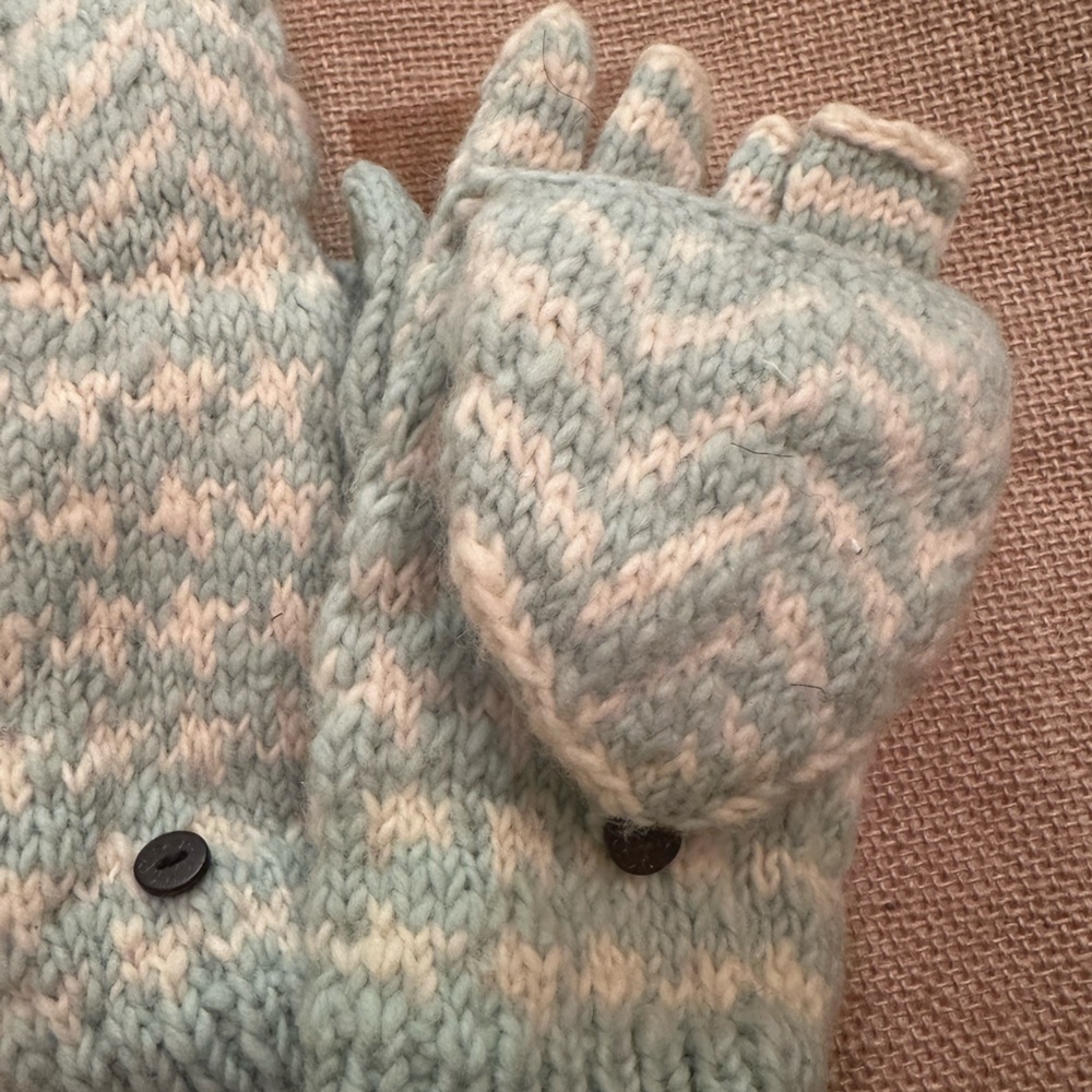 French Knot Hand Knit In Nepal Aqua Blue - Cream Convertible Wool Mittens - Picture 3 of 5